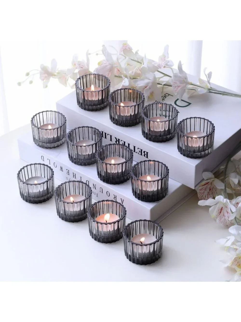 24pcs Smoky Grey Ribbed Tealight Candle Holders - Elegant Votive Decor